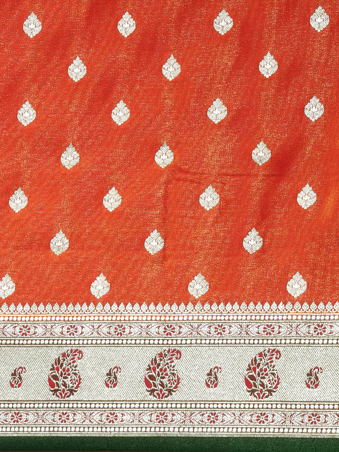 Faishana Presents Orange Satin Silk Mughal Motif Zari Booti With Paithani Green Border Banarasi Saree