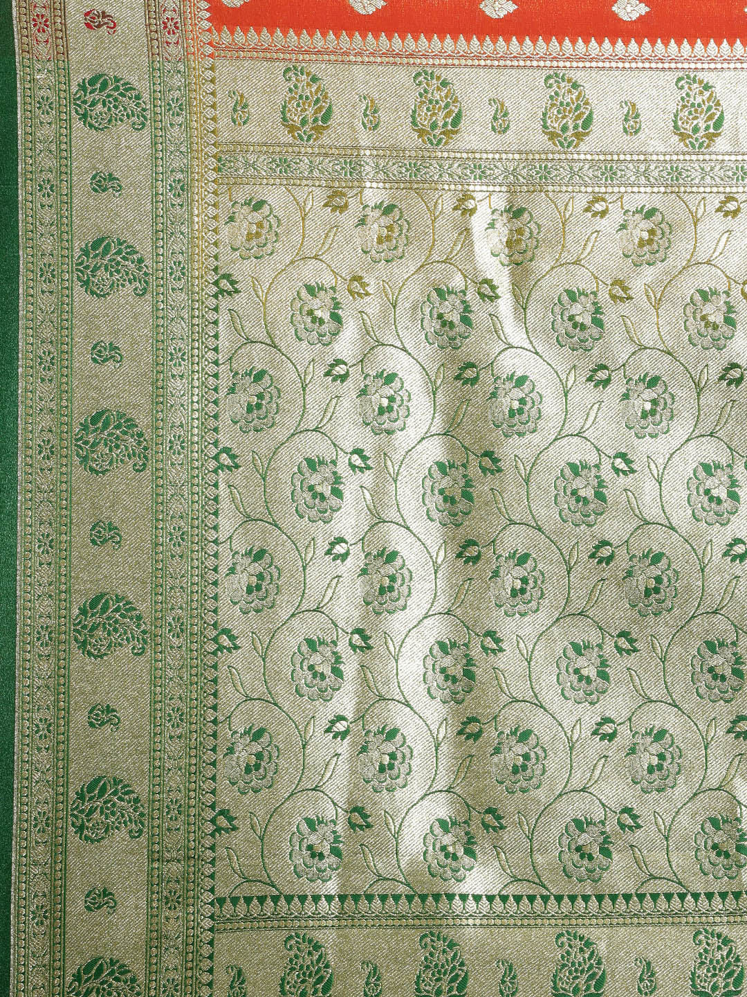 Faishana Presents Orange Satin Silk Mughal Motif Zari Booti With Paithani Green Border Banarasi Saree