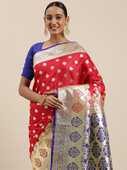 Faishana Presents Red Satin Silk Mughal Motif Zari Booti With Paithani Blue Border Banarasi Saree