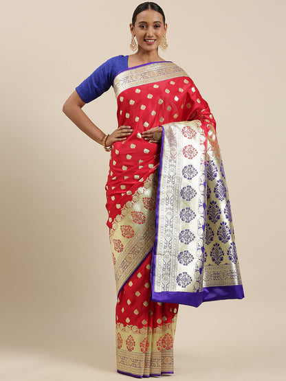 Faishana Presents Red Satin Silk Mughal Motif Zari Booti With Paithani Blue Border Banarasi Saree