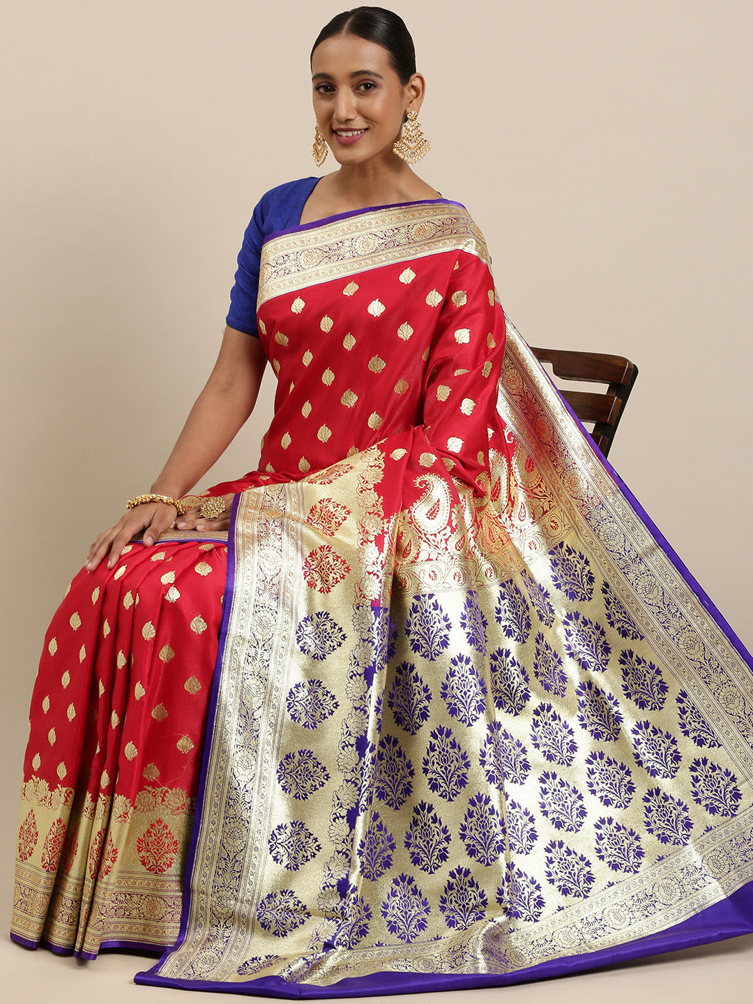 Faishana Presents Red Satin Silk Mughal Motif Zari Booti With Paithani Blue Border Banarasi Saree