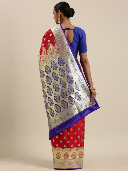 Faishana Presents Red Satin Silk Mughal Motif Zari Booti With Paithani Blue Border Banarasi Saree