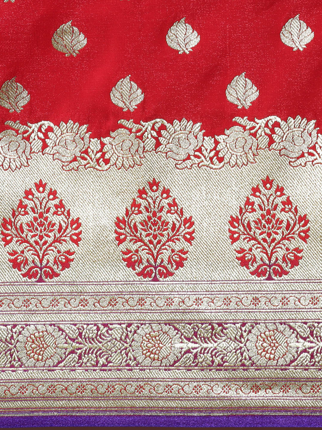 Faishana Presents Red Satin Silk Mughal Motif Zari Booti With Paithani Blue Border Banarasi Saree