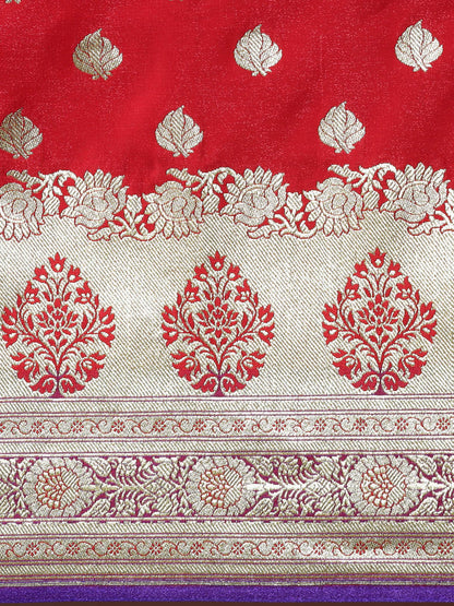 Faishana Presents Red Satin Silk Mughal Motif Zari Booti With Paithani Blue Border Banarasi Saree
