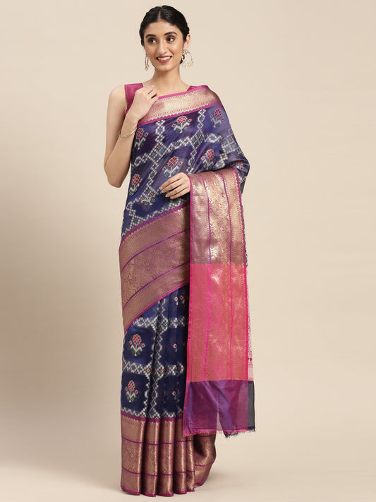 Faishana Presents Royal Blue & Magenta Ikkat Patola Art Silk Skirt Pattu Border With Magenta Blouse Banarasi Saree