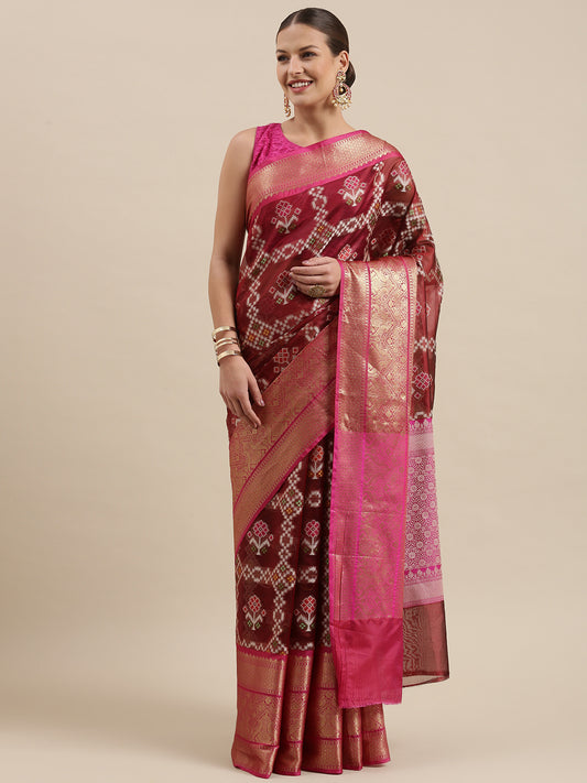 Faishana Presents Maroon & Pink Ikkat Patola Art Silk Skirt Pattu Border With Pink Blouse Banarasi Saree
