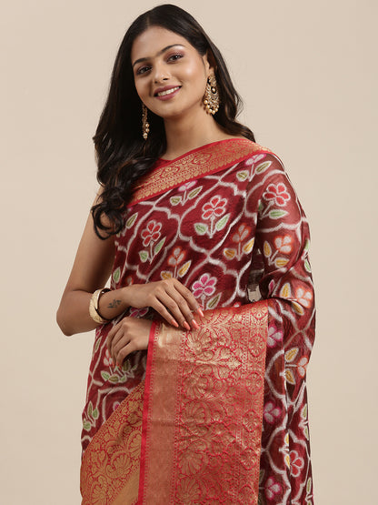 Faishana Presents Maroon & Red Ikkat Patola Art Silk Skirt Pattu Border With Red Blouse Banarasi Saree