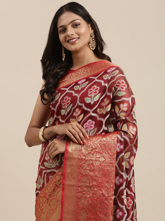 Faishana Presents Maroon & Red Ikkat Patola Art Silk Skirt Pattu Border With Red Blouse Banarasi Saree