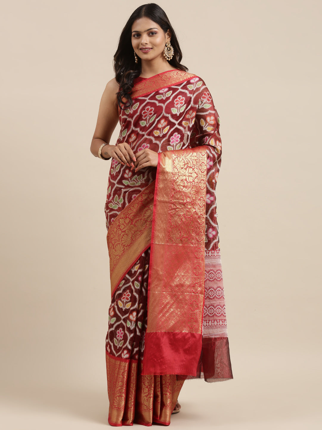 Faishana Presents Maroon & Red Ikkat Patola Art Silk Skirt Pattu Border With Red Blouse Banarasi Saree