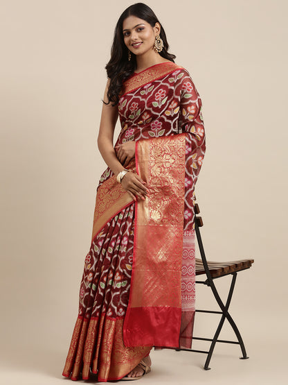 Faishana Presents Maroon & Red Ikkat Patola Art Silk Skirt Pattu Border With Red Blouse Banarasi Saree