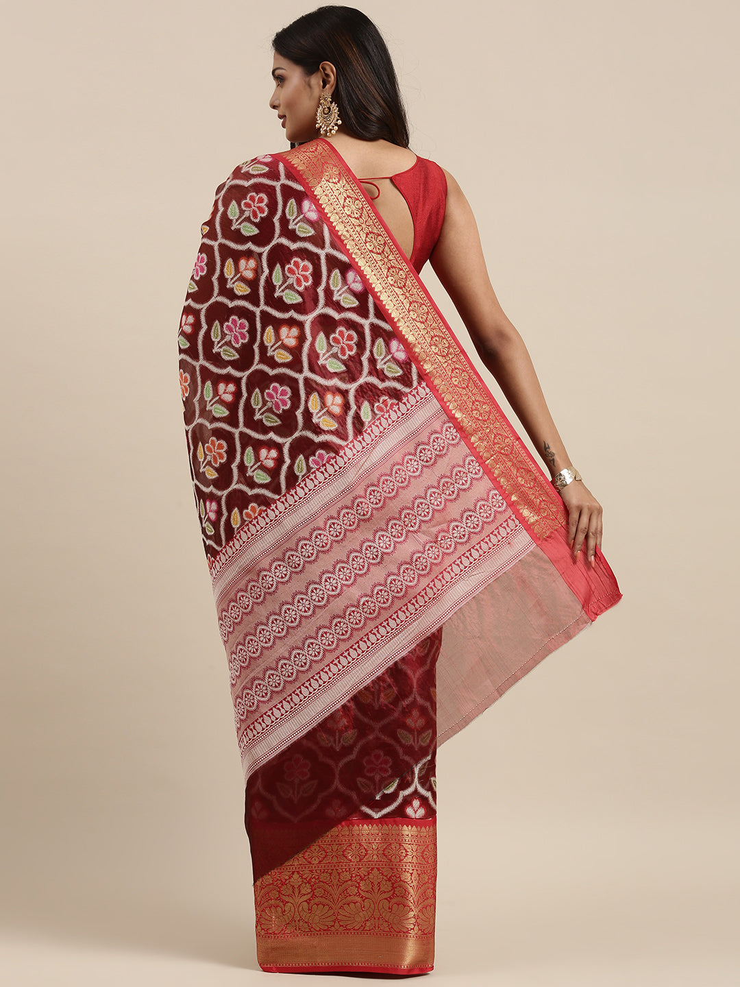 Faishana Presents Maroon & Red Ikkat Patola Art Silk Skirt Pattu Border With Red Blouse Banarasi Saree