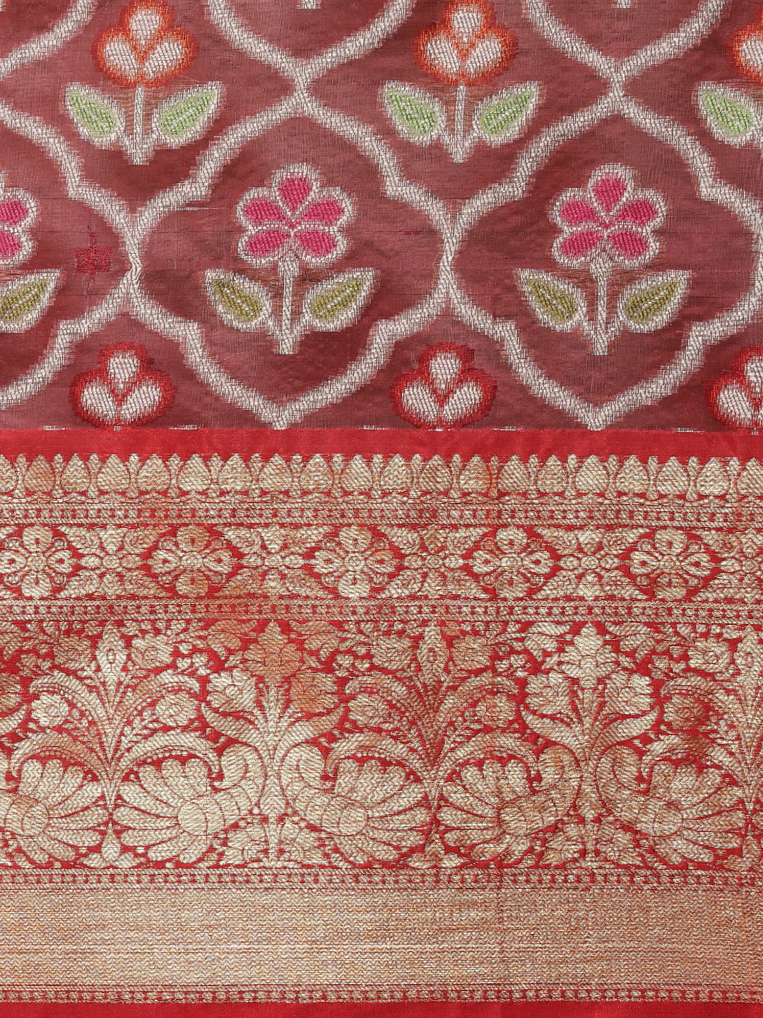 Faishana Presents Maroon & Red Ikkat Patola Art Silk Skirt Pattu Border With Red Blouse Banarasi Saree