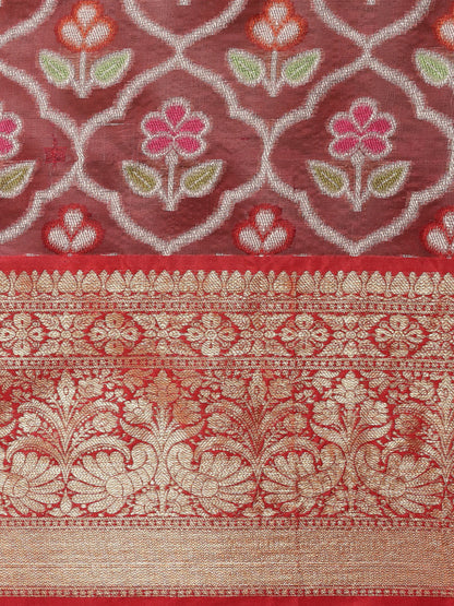 Faishana Presents Maroon & Red Ikkat Patola Art Silk Skirt Pattu Border With Red Blouse Banarasi Saree