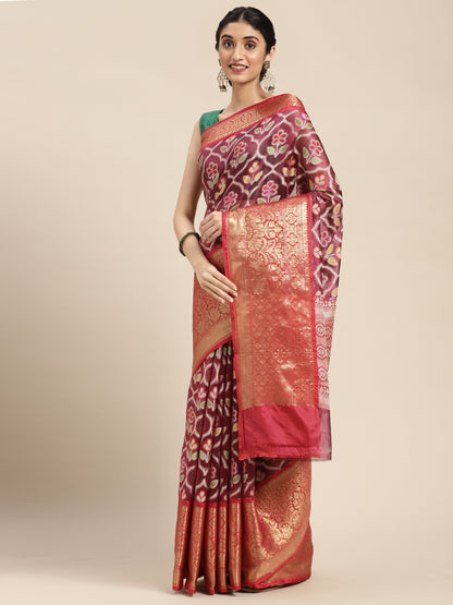 Faishana Presents Magenta & Red Ikkat Patola Art Silk Skirt Pattu Border With Red Blouse Banarasi Saree