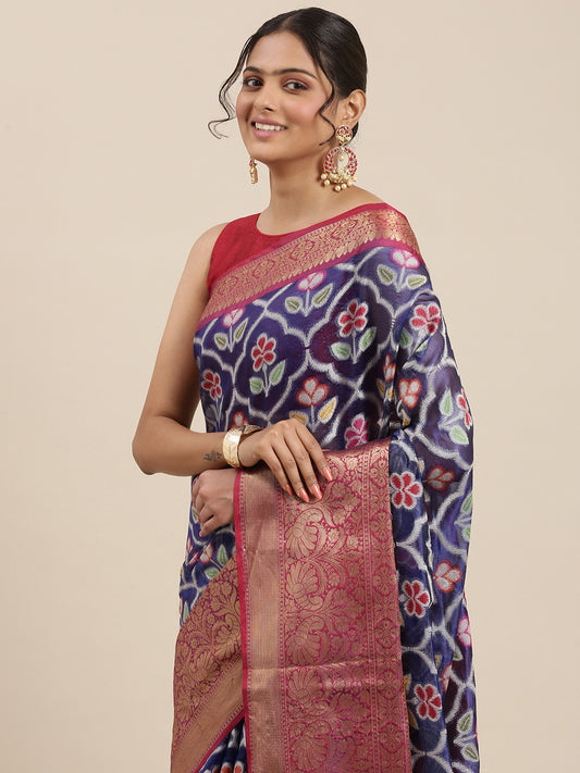 Faishana Presents Royal Blue & Magenta Ikkat Patola Art Silk Skirt Pattu Border With Magenta Blouse Banarasi Saree