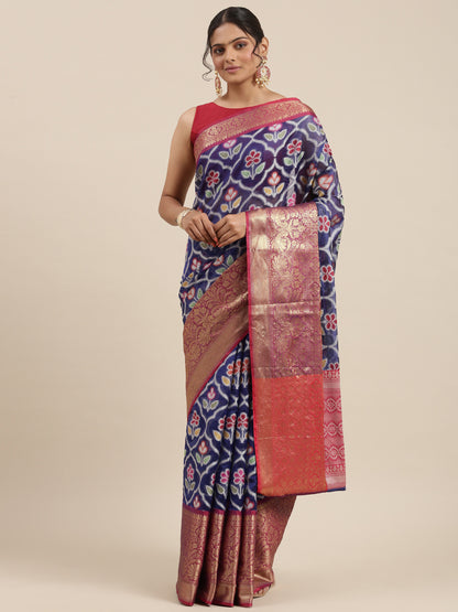 Faishana Presents Royal Blue & Magenta Ikkat Patola Art Silk Skirt Pattu Border With Magenta Blouse Banarasi Saree