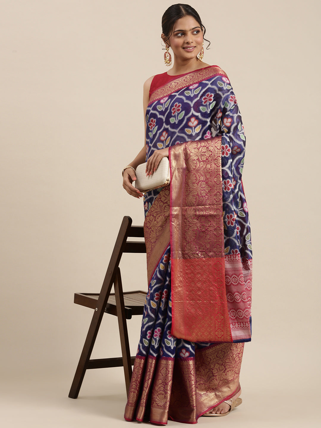 Faishana Presents Royal Blue & Magenta Ikkat Patola Art Silk Skirt Pattu Border With Magenta Blouse Banarasi Saree