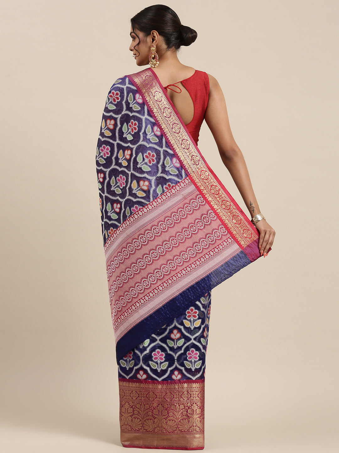 Faishana Presents Royal Blue & Magenta Ikkat Patola Art Silk Skirt Pattu Border With Magenta Blouse Banarasi Saree
