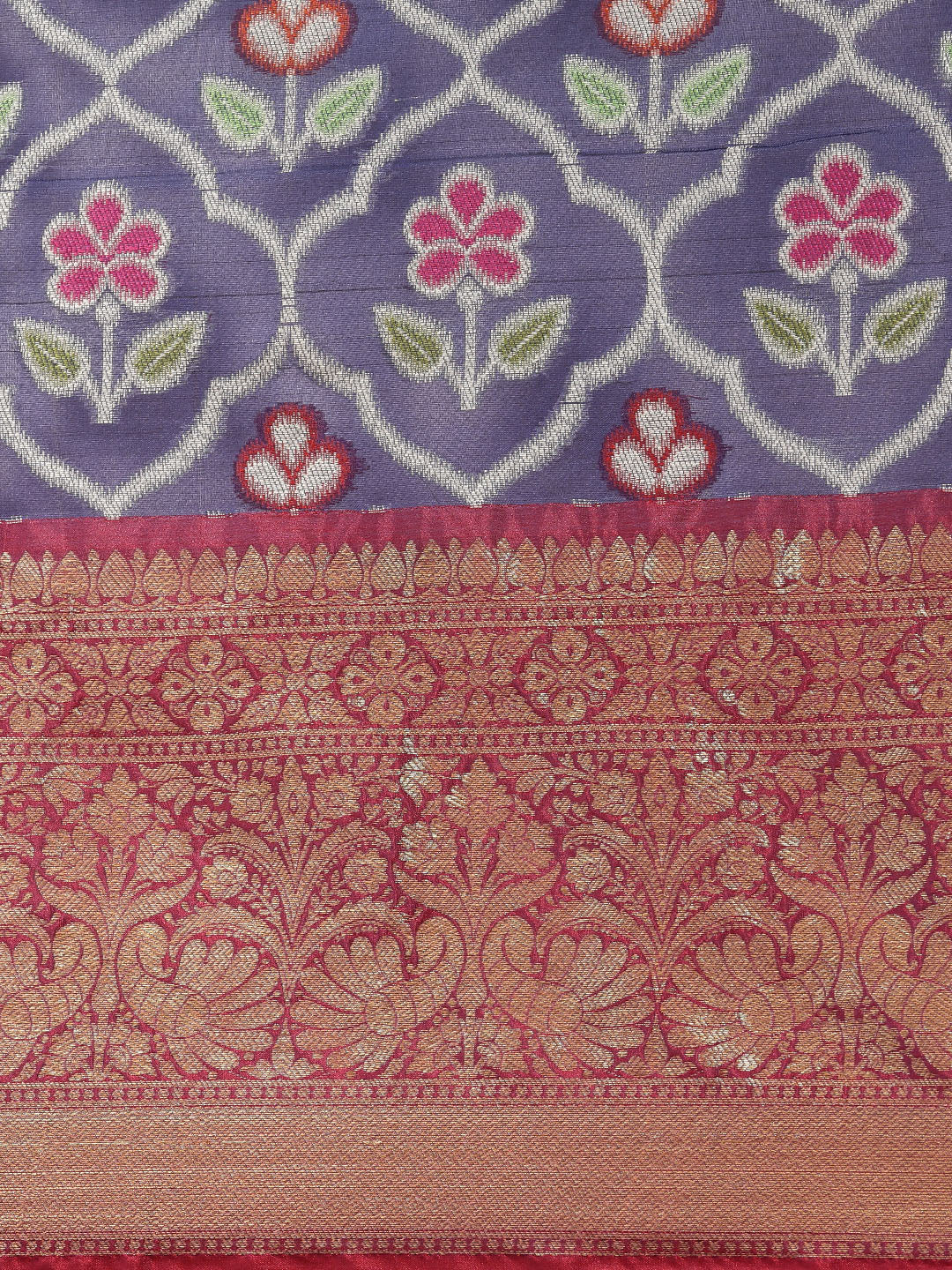Faishana Presents Royal Blue & Magenta Ikkat Patola Art Silk Skirt Pattu Border With Magenta Blouse Banarasi Saree