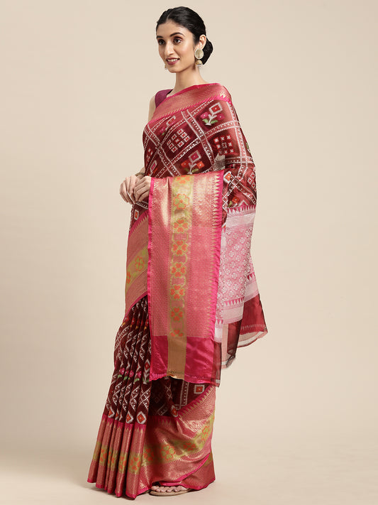 Faishana Presents Maroon & Pink Ikkat Patola Art Silk Kanchi Ikkat Pattu Border With Pink Blouse Banarasi Saree