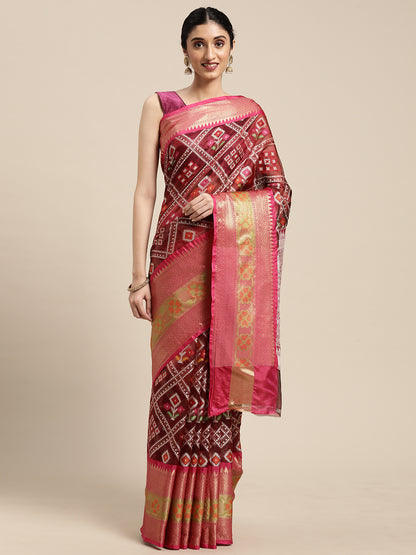 Faishana Presents Maroon & Pink Ikkat Patola Art Silk Kanchi Ikkat Pattu Border With Pink Blouse Banarasi Saree