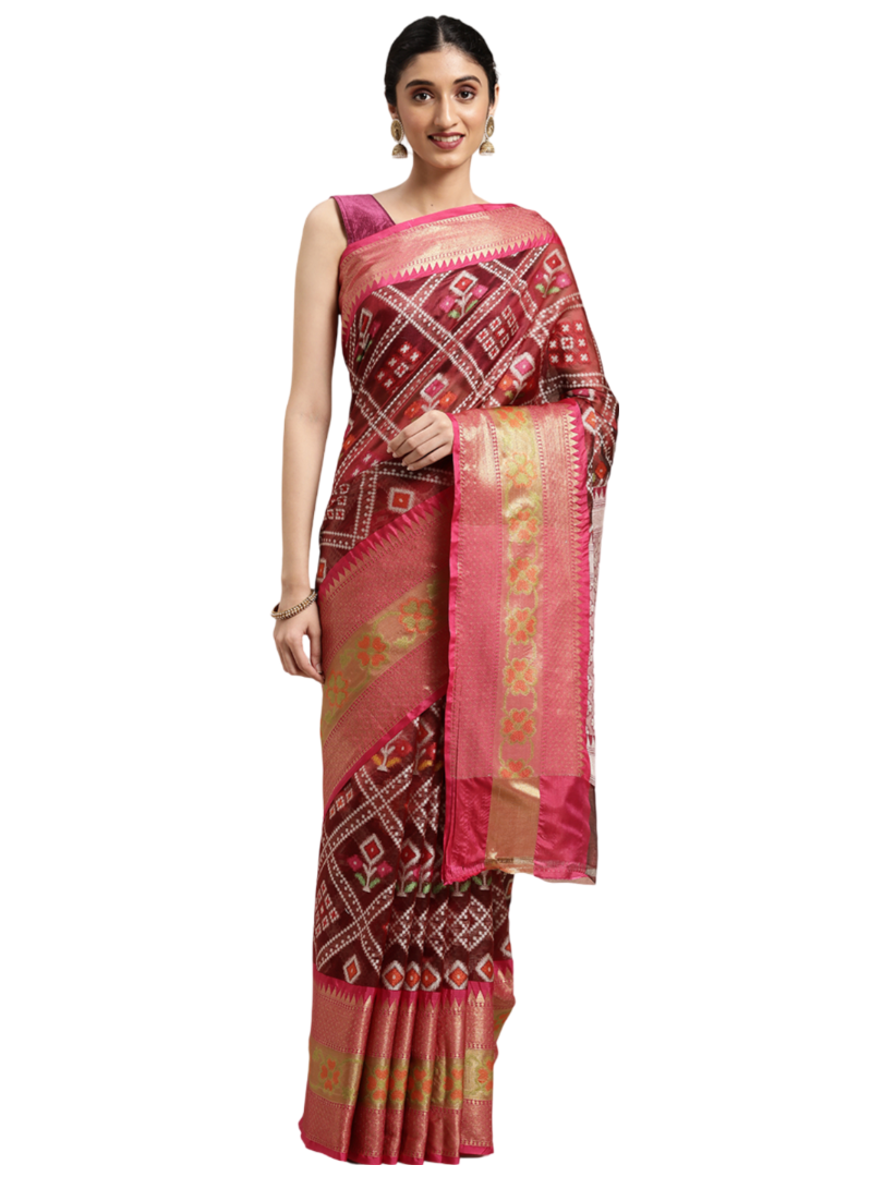 Faishana Presents Maroon & Pink Ikkat Patola Art Silk Kanchi Ikkat Pattu Border With Pink Blouse Banarasi Saree