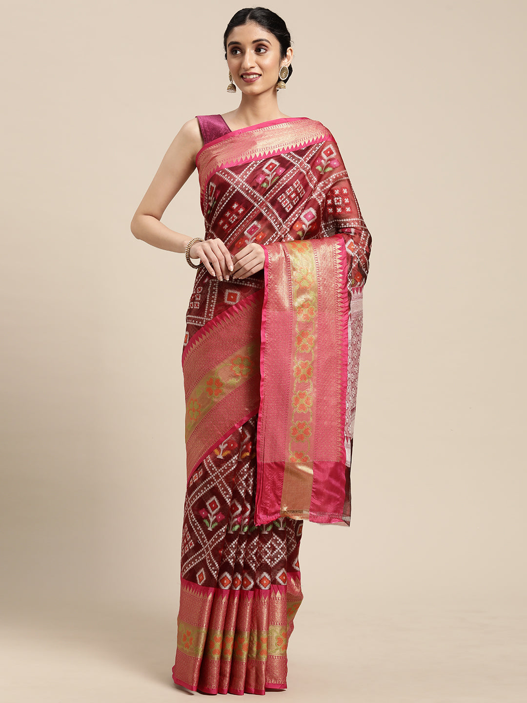 Faishana Presents Maroon & Pink Ikkat Patola Art Silk Kanchi Ikkat Pattu Border With Pink Blouse Banarasi Saree