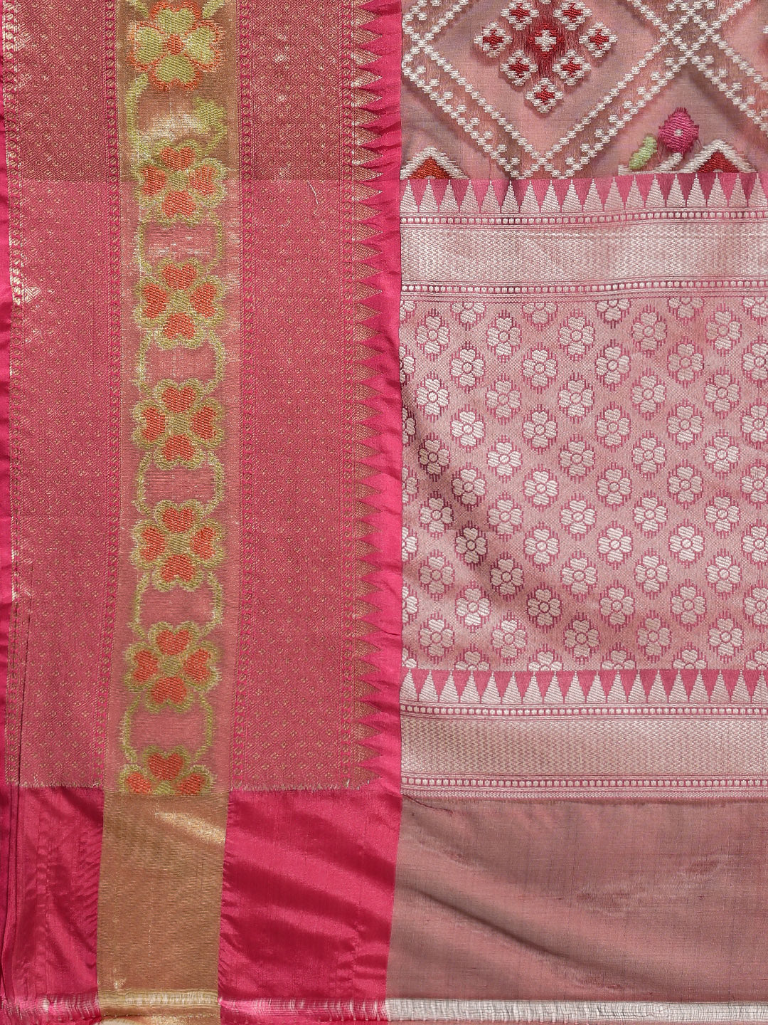 Faishana Presents Maroon & Pink Ikkat Patola Art Silk Kanchi Ikkat Pattu Border With Pink Blouse Banarasi Saree