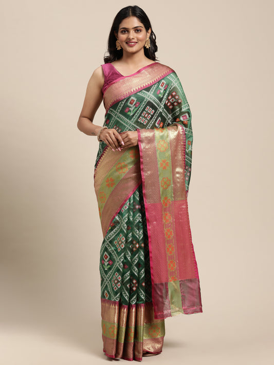 Faishana Presents Green & Pink Ikkat Patola Art Silk Skirt Pattu Border With Pink Blouse Saree