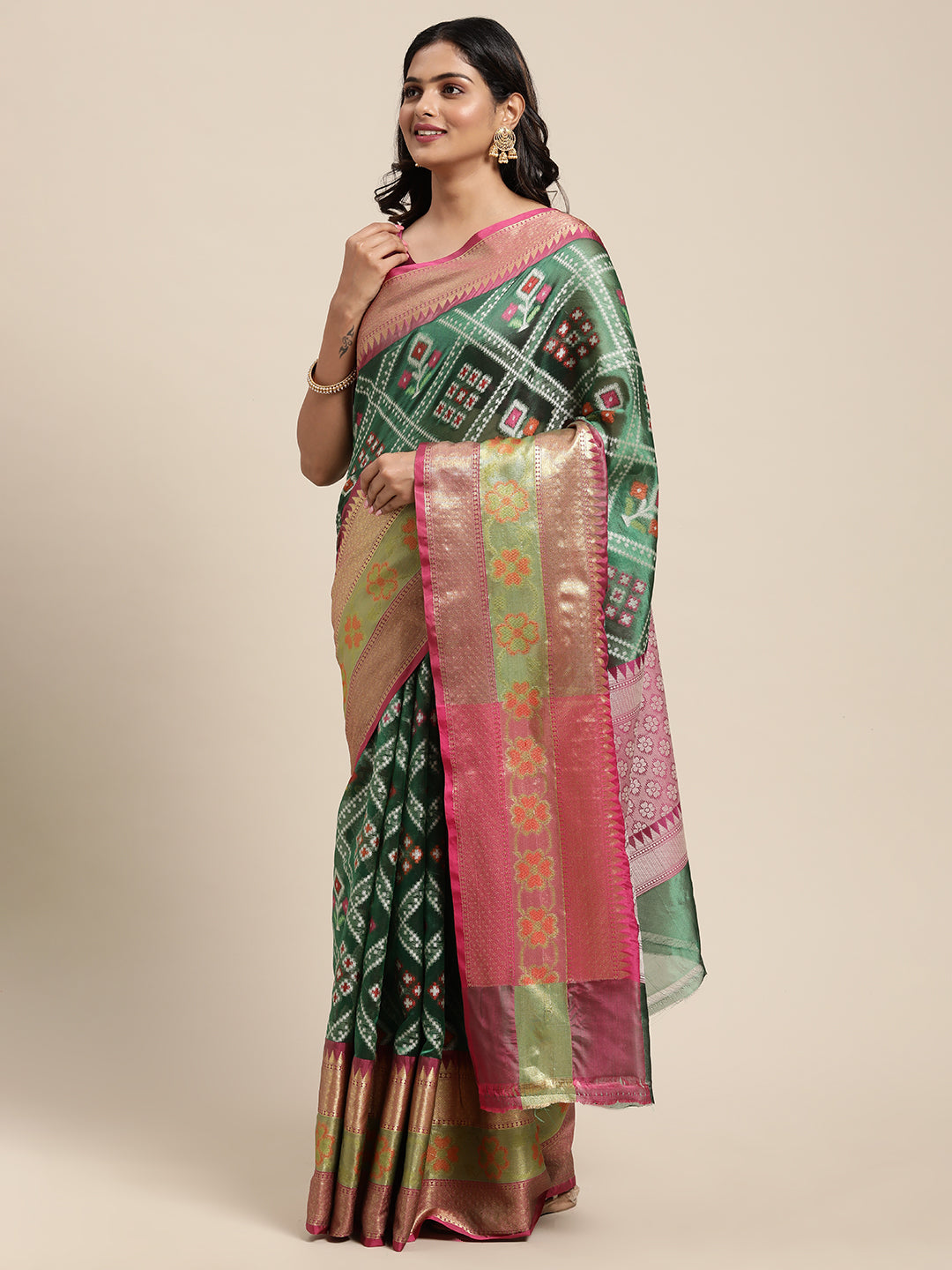 Faishana Presents Green & Pink Ikkat Patola Art Silk Skirt Pattu Border With Pink Blouse Saree