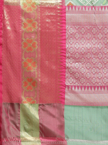 Faishana Presents Green & Pink Ikkat Patola Art Silk Skirt Pattu Border With Pink Blouse Saree