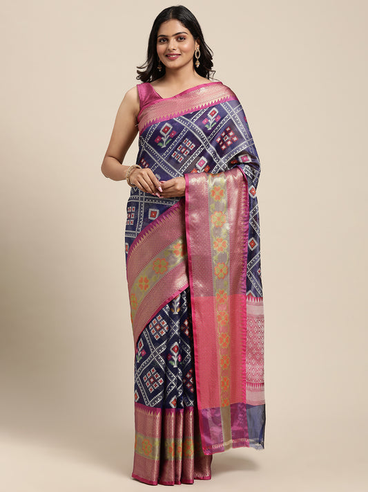 Faishana Presents Royal Blue & Magenta Ikkat Patola Art Silk Skirt Ikkat Pattu Border With Magenta Blouse Banarasi Saree