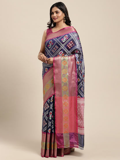 Faishana Presents Royal Blue & Magenta Ikkat Patola Art Silk Skirt Ikkat Pattu Border With Magenta Blouse Banarasi Saree