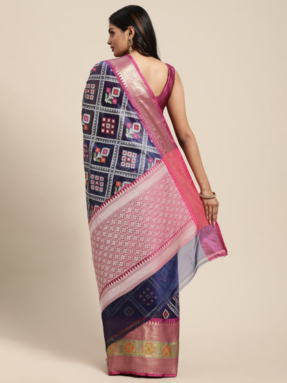 Faishana Presents Royal Blue & Magenta Ikkat Patola Art Silk Skirt Ikkat Pattu Border With Magenta Blouse Banarasi Saree