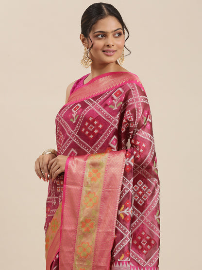 Faishana Presents Magenta & Pink Ikkat Patola Art Silk Skirt Pattu Border With Pink Blouse Banarasi Saree