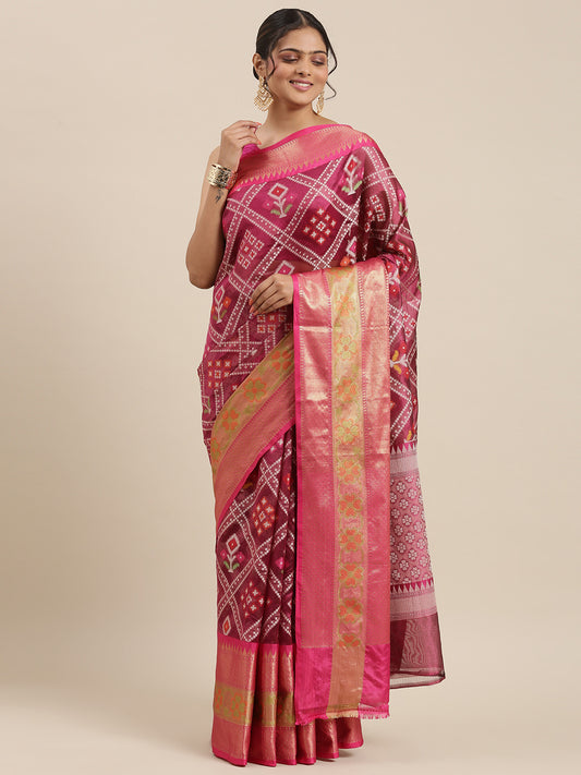Faishana Presents Magenta & Pink Ikkat Patola Art Silk Skirt Pattu Border With Pink Blouse Banarasi Saree