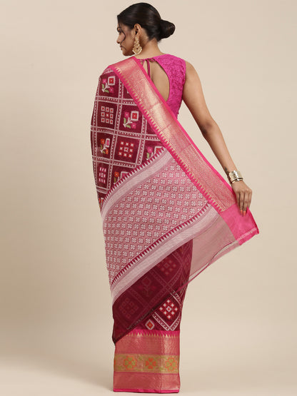 Faishana Presents Magenta & Pink Ikkat Patola Art Silk Skirt Pattu Border With Pink Blouse Banarasi Saree