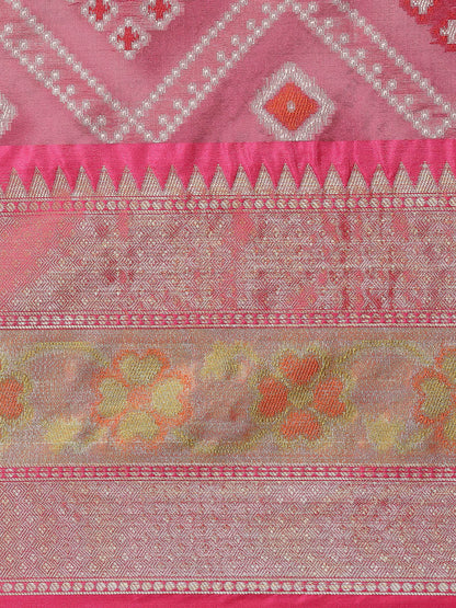 Faishana Presents Magenta & Pink Ikkat Patola Art Silk Skirt Pattu Border With Pink Blouse Banarasi Saree