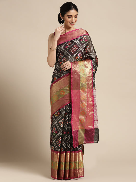 Faishana Presents Black & Magenta Ikkat Patola Art Silk Skirt Pattu Border With Magenta Blouse Banarasi Saree