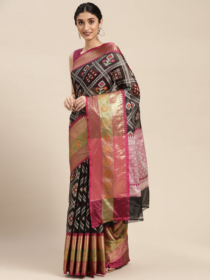 Faishana Presents Black & Magenta Ikkat Patola Art Silk Skirt Pattu Border With Magenta Blouse Banarasi Saree