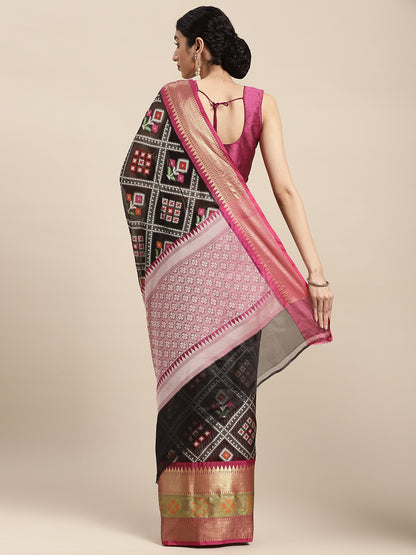 Faishana Presents Black & Magenta Ikkat Patola Art Silk Skirt Pattu Border With Magenta Blouse Banarasi Saree