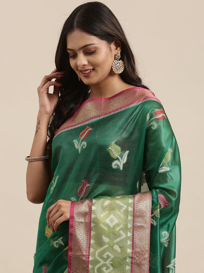 Faishana Presents Bottle Green & Pink Ikkat Patola Art Silk Skirt Pattu Border With Pink Blouse Banarasi Saree