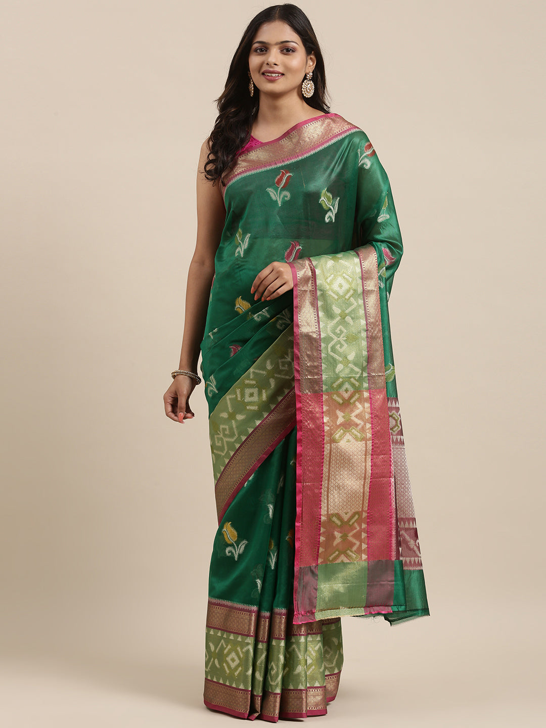 Faishana Presents Bottle Green & Pink Ikkat Patola Art Silk Skirt Pattu Border With Pink Blouse Banarasi Saree