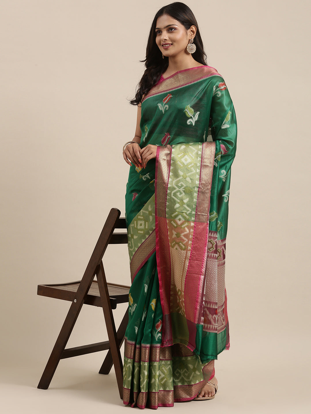 Faishana Presents Bottle Green & Pink Ikkat Patola Art Silk Skirt Pattu Border With Pink Blouse Banarasi Saree