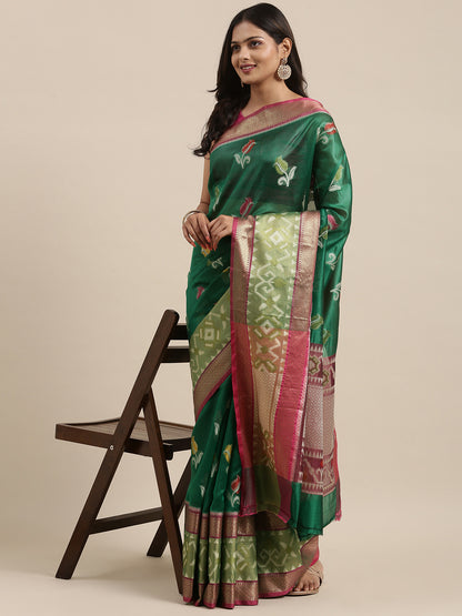 Faishana Presents Bottle Green & Pink Ikkat Patola Art Silk Skirt Pattu Border With Pink Blouse Banarasi Saree