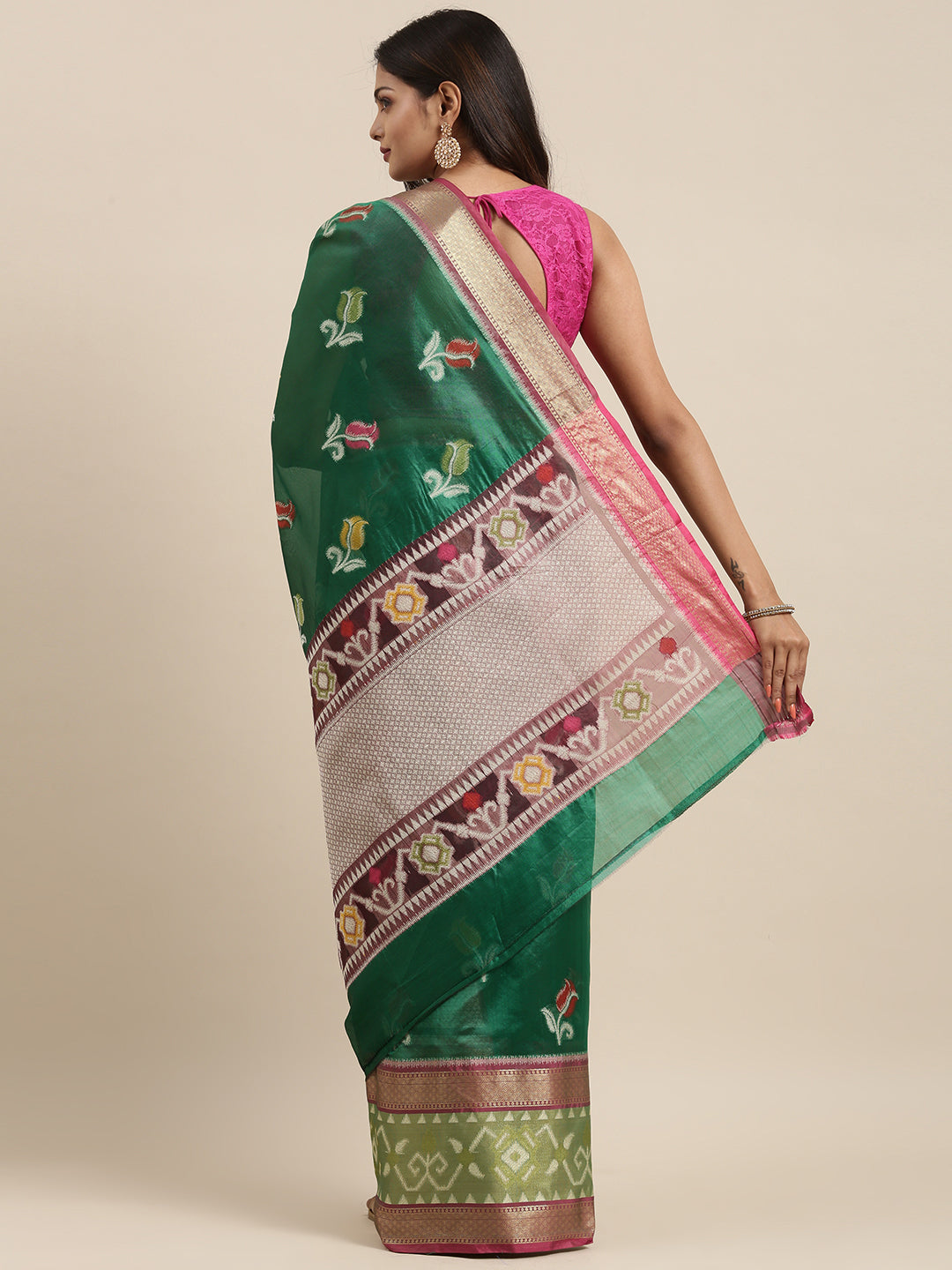 Faishana Presents Bottle Green & Pink Ikkat Patola Art Silk Skirt Pattu Border With Pink Blouse Banarasi Saree