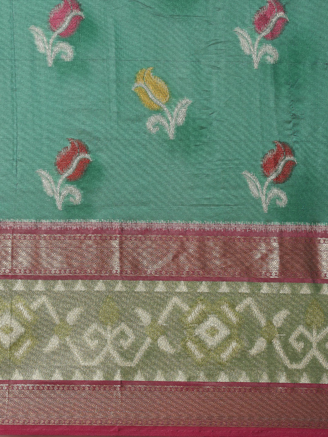 Faishana Presents Bottle Green & Pink Ikkat Patola Art Silk Skirt Pattu Border With Pink Blouse Banarasi Saree