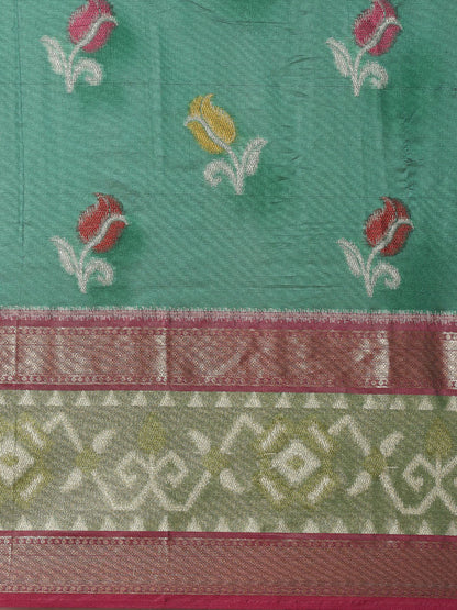 Faishana Presents Bottle Green & Pink Ikkat Patola Art Silk Skirt Pattu Border With Pink Blouse Banarasi Saree