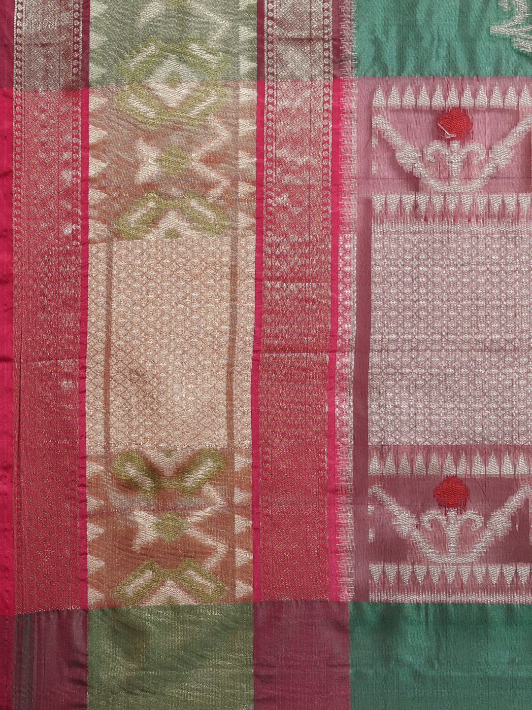 Faishana Presents Bottle Green & Pink Ikkat Patola Art Silk Skirt Pattu Border With Pink Blouse Banarasi Saree