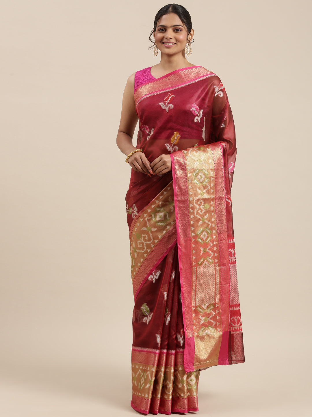 Faishana Presents Maroon & Pink Ikkat Patola Art Silk Kanchi Pattu Border With Pink Blouse Banarasi Saree